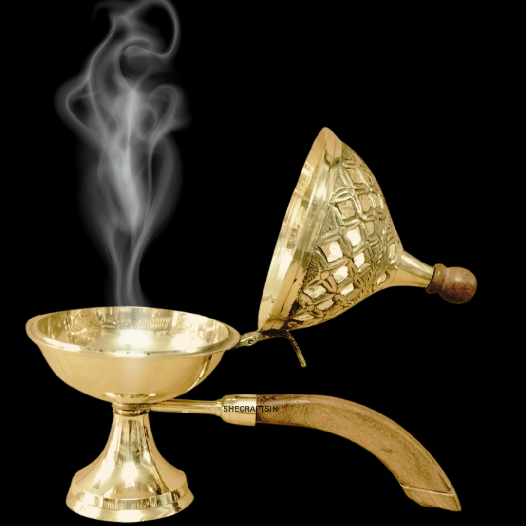 BRASS  DHOOP HOLDEN WITH WOODEN HANDLE | DHOOP DHANI | DHOOPAKUTTI | HOME FRAGRANCE