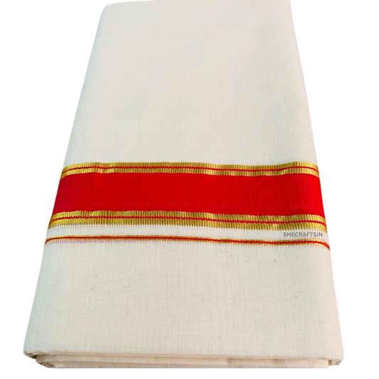 KERALA TRADITIONAL HANDLOOM DHOTHI | ONAM ATTIRE | MEN'S WEAR | PURE COTTON DHOTI | RED AND GOLDEN BORDER MUNDU | KASAVU MUNDU | VESTI | DOUBLE DHOTHI | SHECRAFTSIN