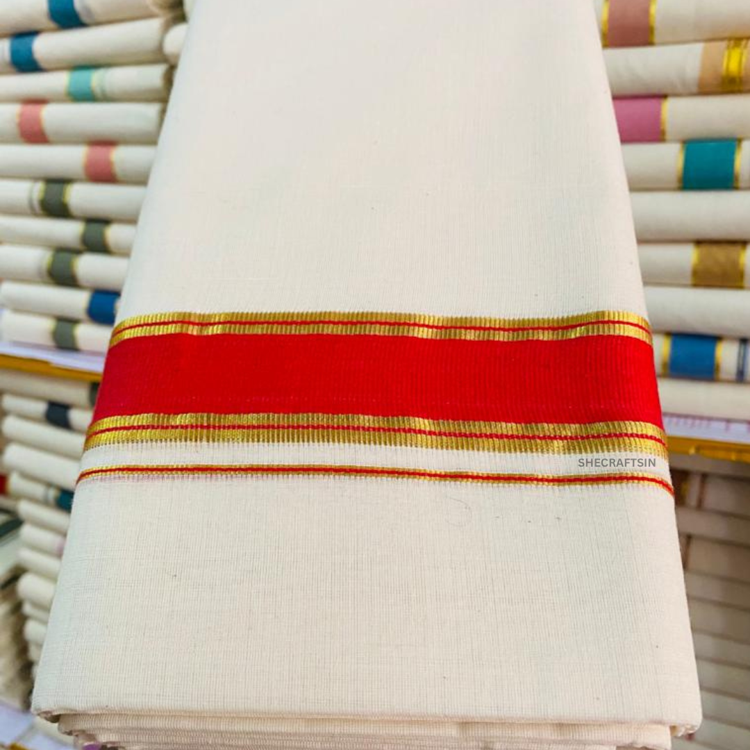 KERALA TRADITIONAL HANDLOOM DHOTHI | ONAM ATTIRE | MEN'S WEAR | PURE COTTON DHOTI | RED AND GOLDEN BORDER MUNDU | KASAVU MUNDU | VESTI | DOUBLE DHOTHI | SHECRAFTSIN