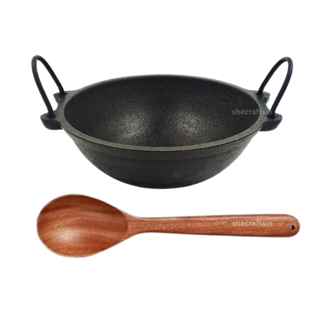 PRE- SEASONED CAST IRON KADAI WITH NEEM WOODEN LADLE